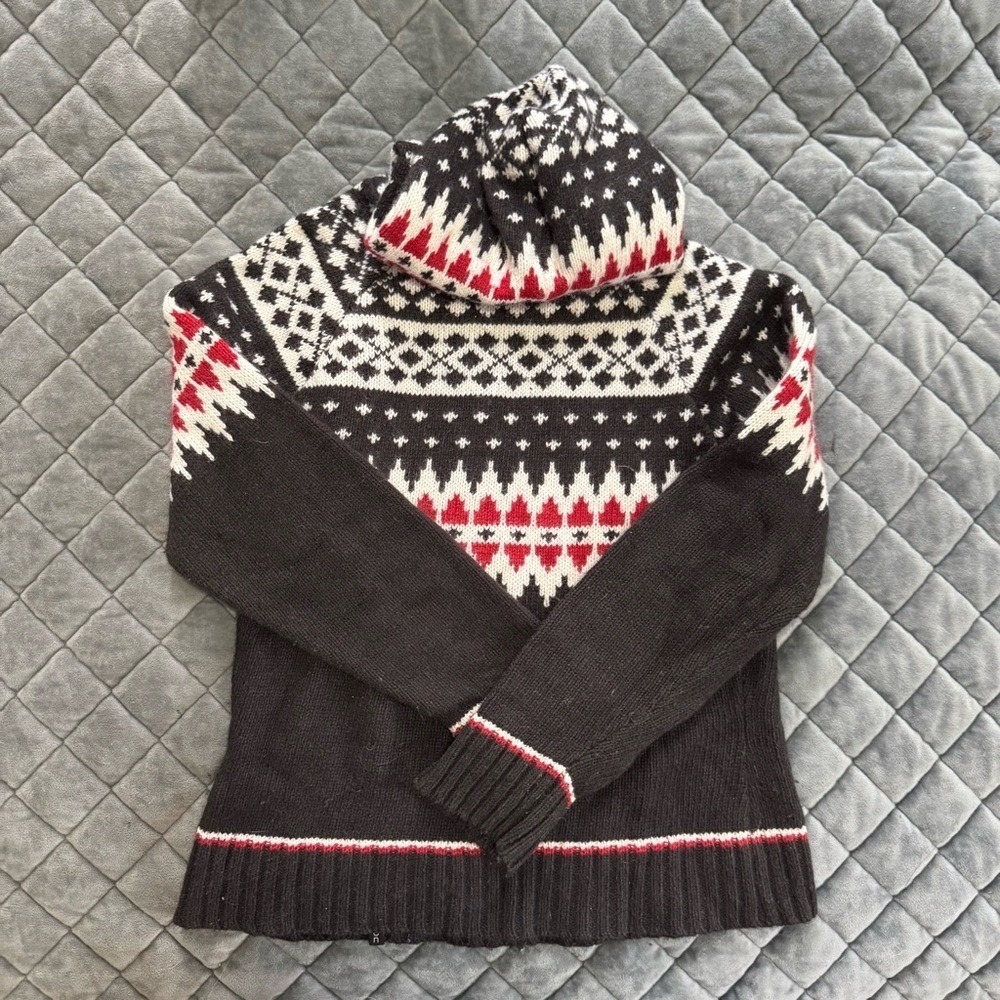 Burton Sweater Fair Isle Hooded Navy Red White Assymetrical Collar Ski Lodge XS - Picture 8 of 8